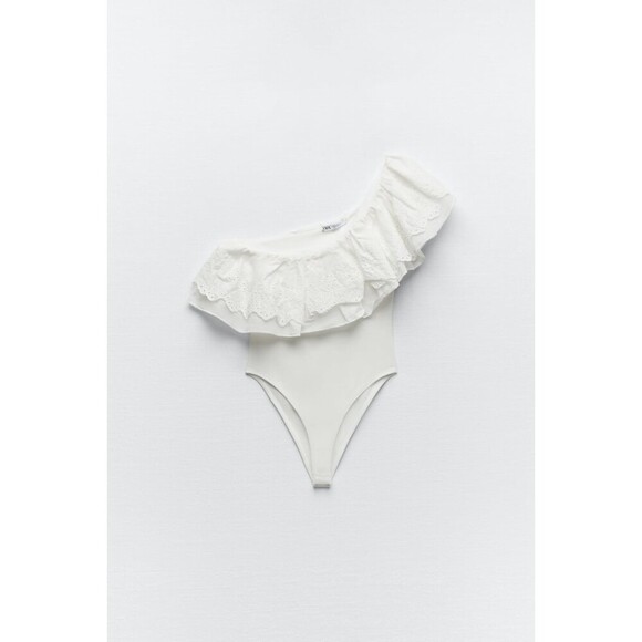 White Zara One Shoulder Openwork Eyelet Embroidered Ruffle Bodysuit (NWT) - Picture 5 of 8